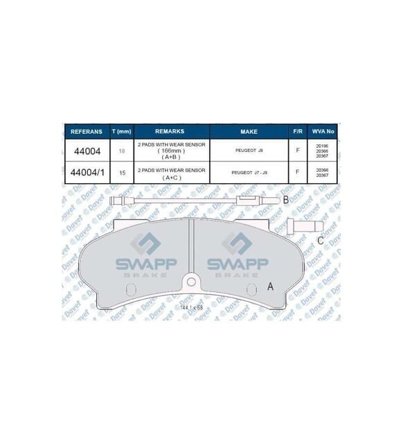 FREN BALATASI ON J9 YM 18MM WVA 20196