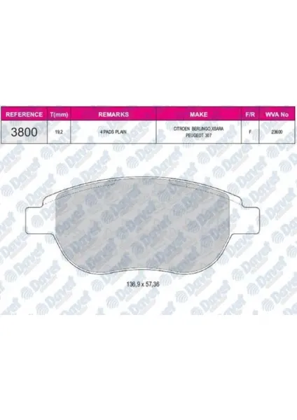 FREN BALATASI ON CIFT FISLI WVA 23600 PEUGEOT P307 1.6 LINEA 1.4 T-JET 16V 07-> GRANDE PUNTO 1.4 T-JET 16V 05-10 FERBE 35203