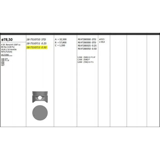 MOTOR PISTON+SEGMAN [ RIKEN ] 78.50 MM [+ 0.50] PEUGEOT P206 P307 1.6 16V TU5J4 ####