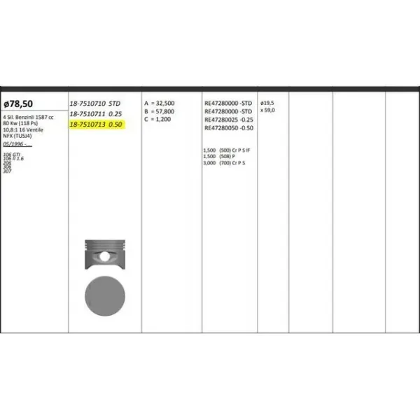 MOTOR PISTON+SEGMAN [ RIKEN ] 78.50 MM [+ 0.50] PEUGEOT P206 P307 1.6 16V TU5J4 ####